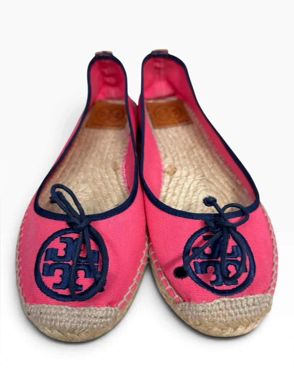 Tory Burch Pink Navy Logo Canvas Ballet Espadrille Flats Bow Womens Size US 9